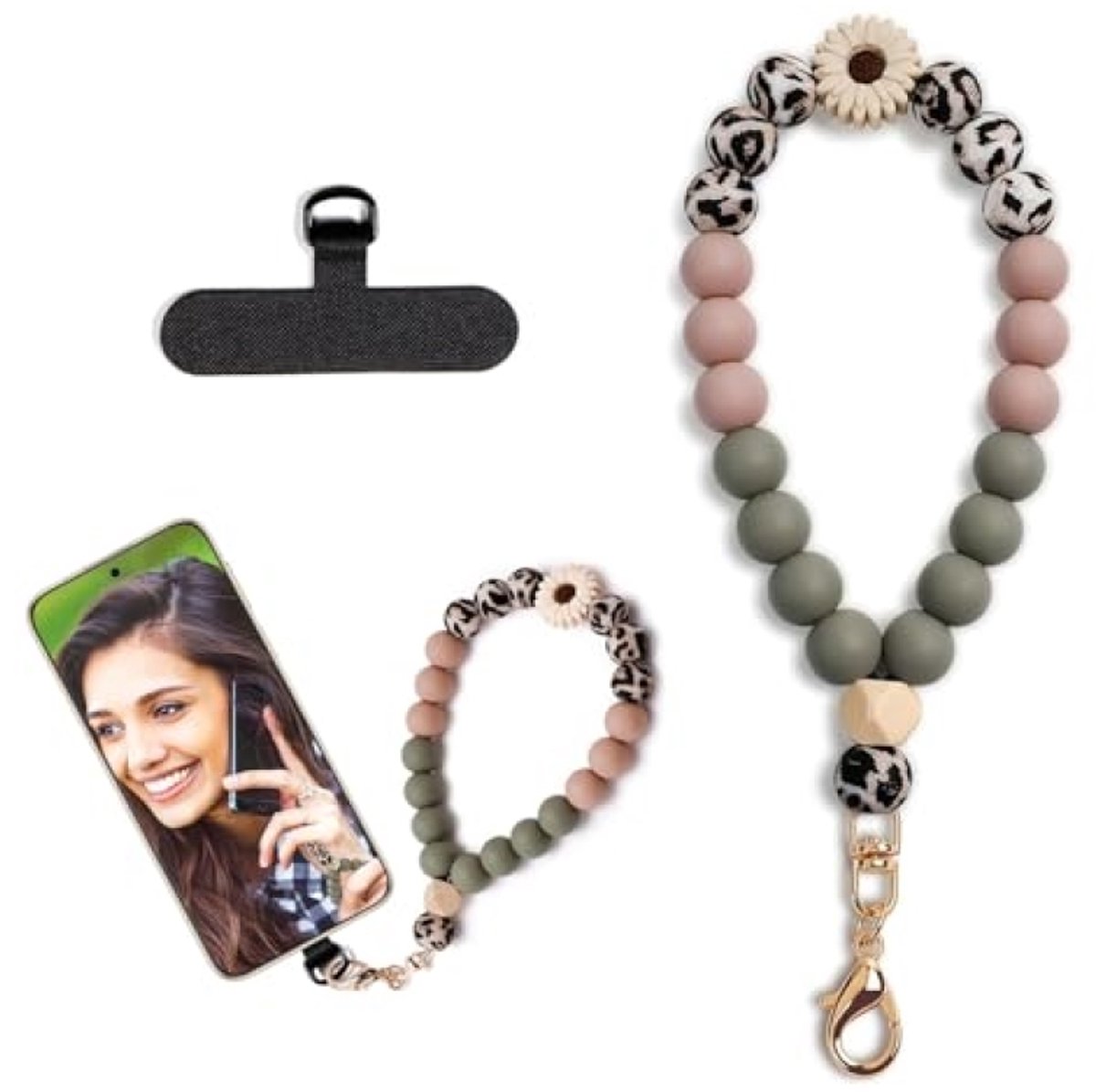 ST TRADING elastische telefoonarmband met kralen en snelsluiting - 2 stuks