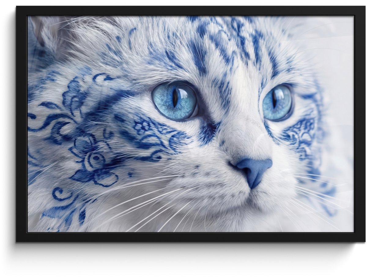 FrameYourWall Poster in lijst - Fotolijst 60x40 cm - Posters - Kat - Patroon - Blauw - Posterlijst zwart - Decoratie - Wanddecoratie woonkamer - Muurdecoratie slaapkamer