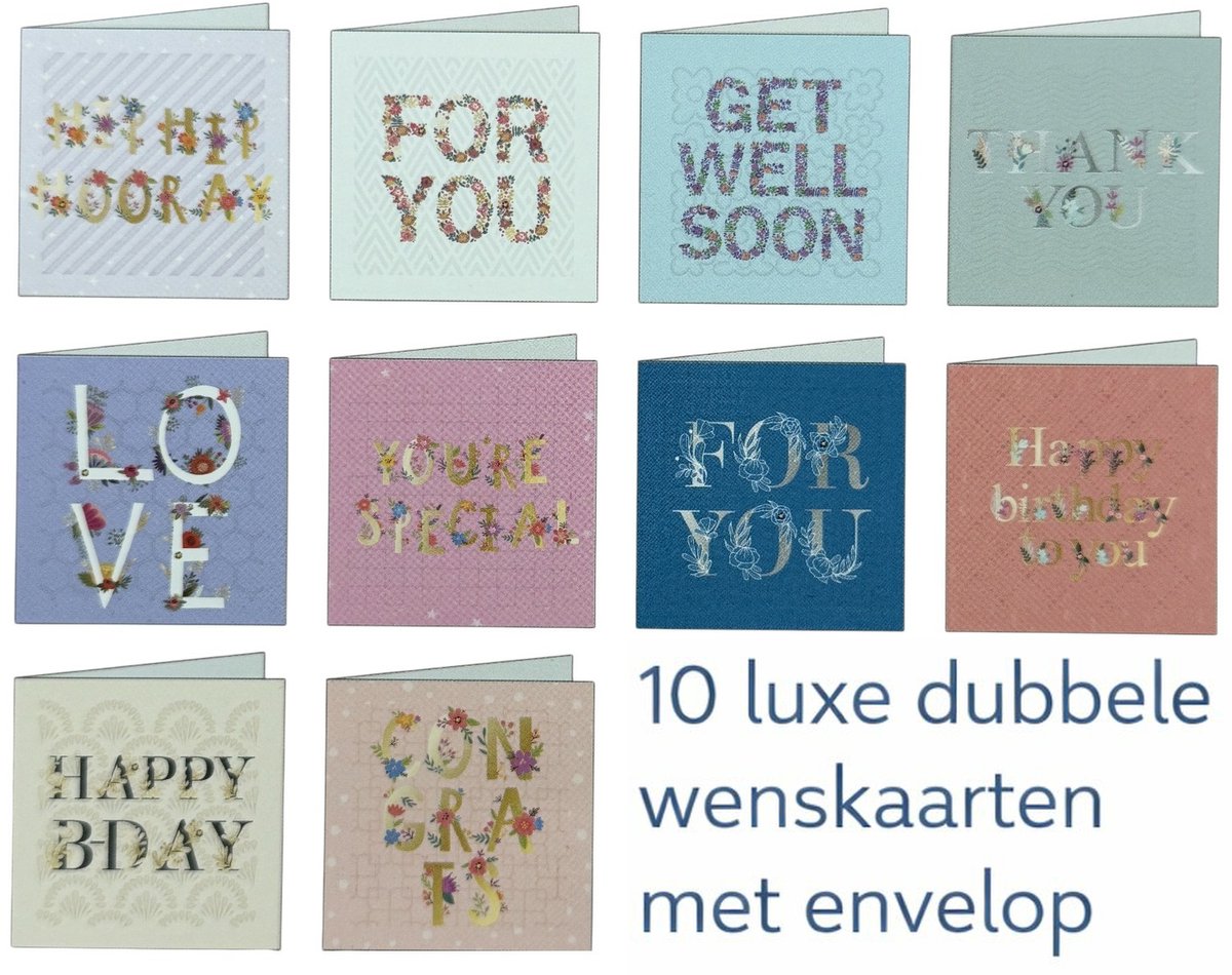 10 Verschillende Luxe Dubbele Wenskaarten Met Envelop – Goud & Zilver Details – 3D Effect