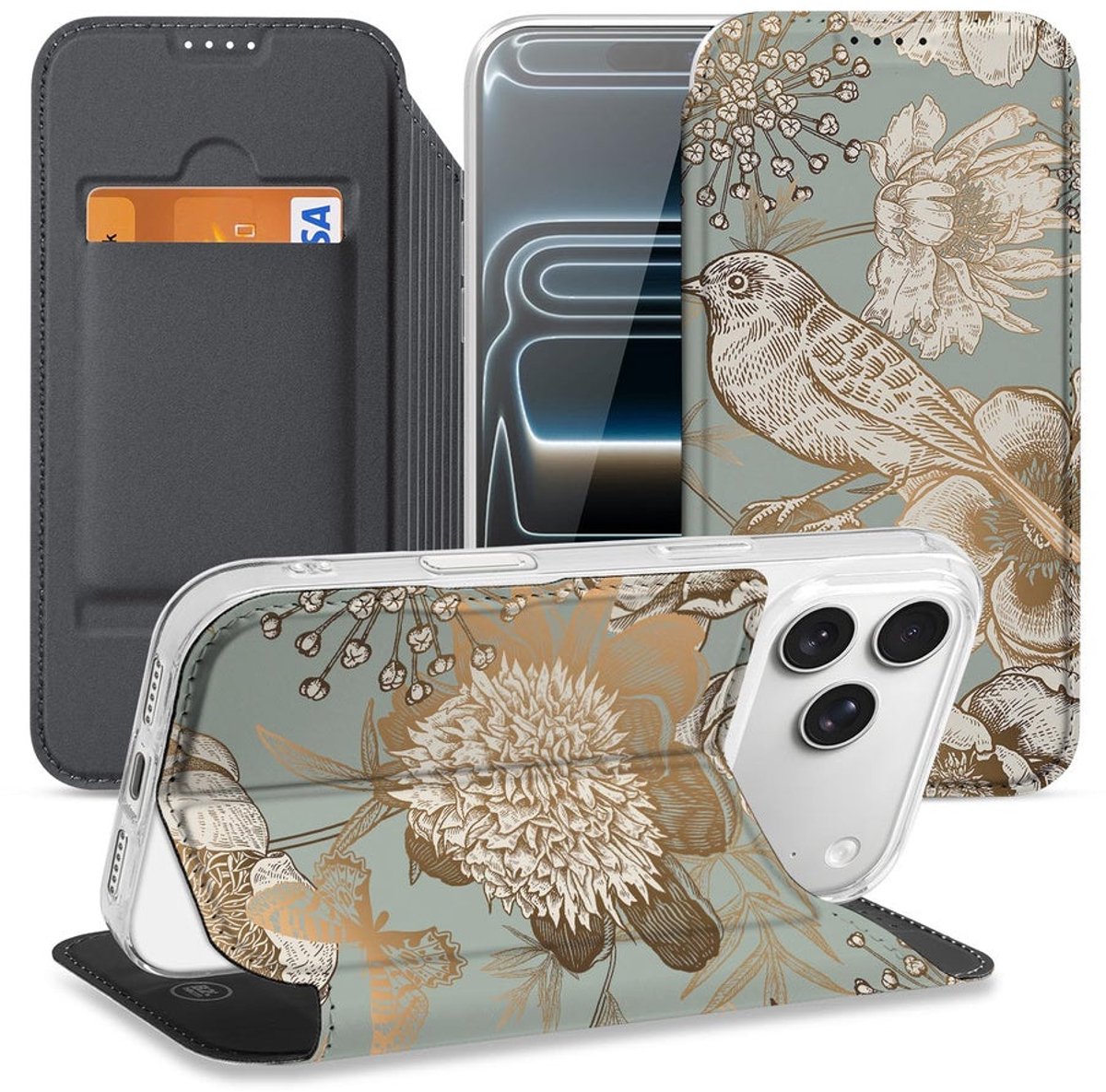 Apple iPhone 17 Pro Max Book Case Vintage Bird Flowers