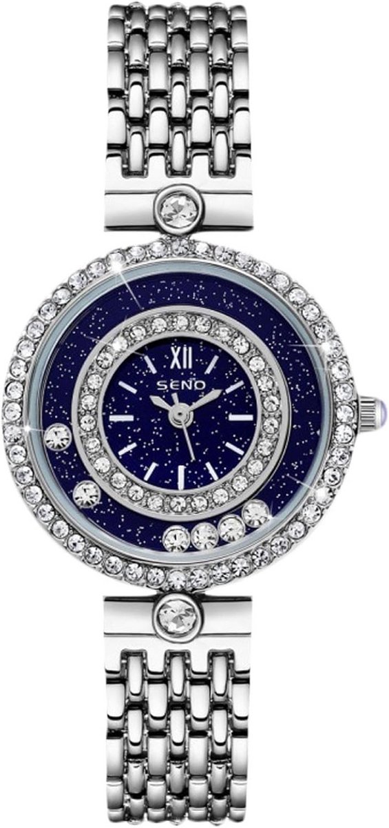 Elegante Analoge Dameshorloges met Sterrenhemel en Diamantaccenten - Roestvrijstalen Band