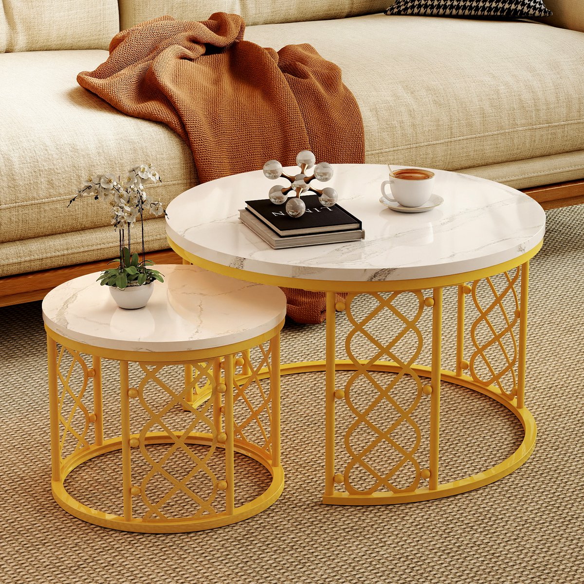 MIVRAY Design Salontafel Set - Tweedelige Salontafels Voor Woonkamer - Metaal Frame - Marmerlook Wit En Goud