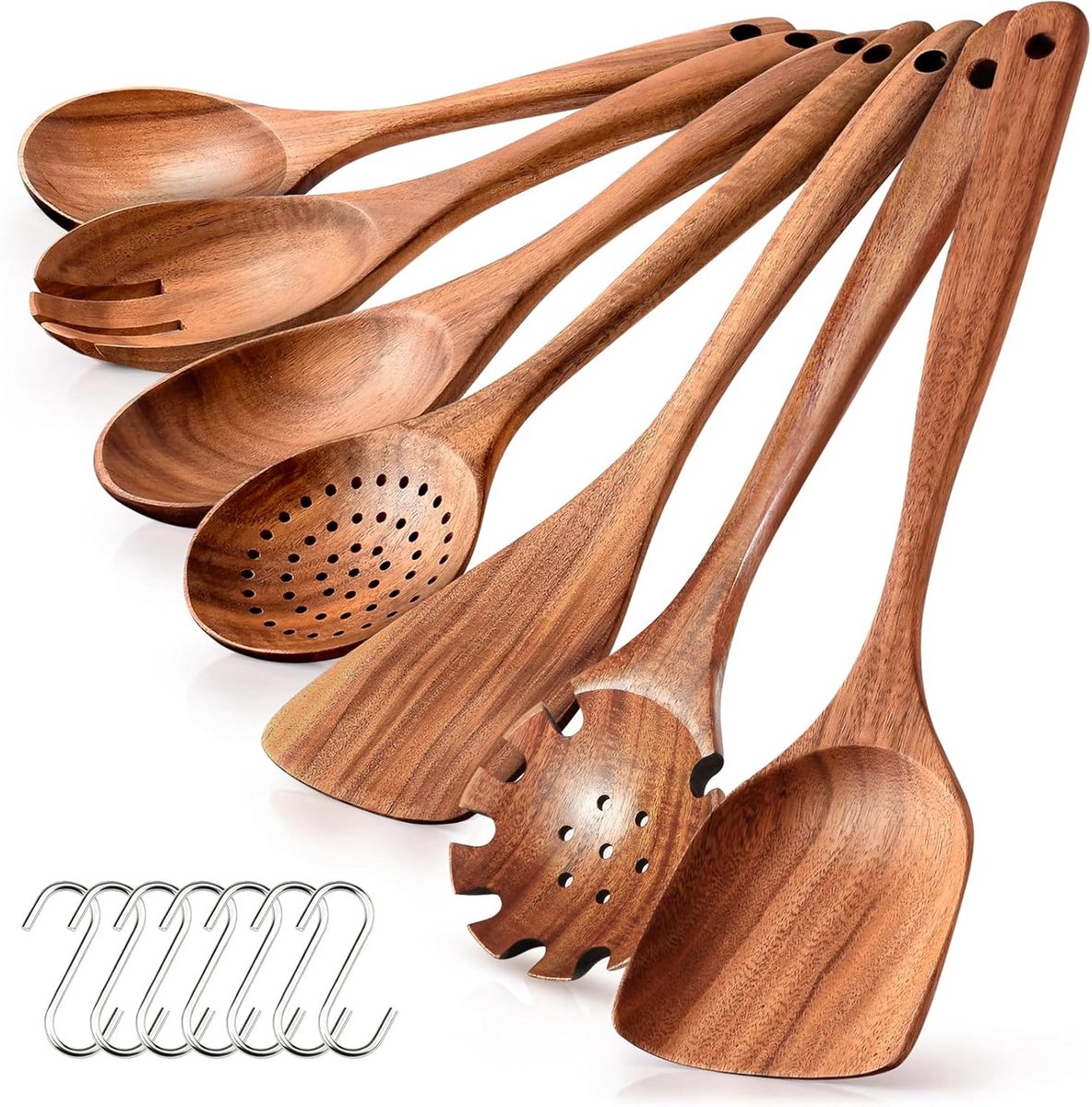 7-delige houten keukengerei set met ophanghaken