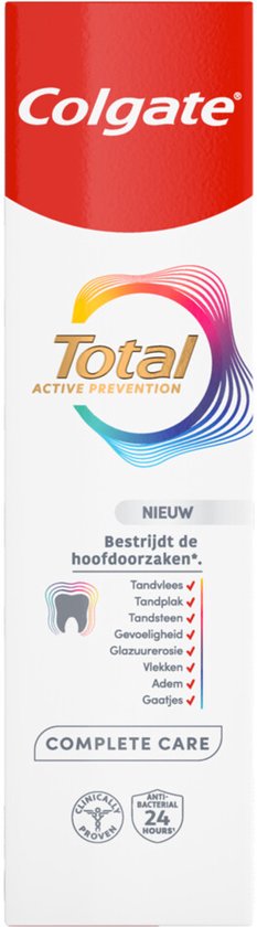 Tube de dentifrice Colgate Total Complete Care avec texte néerlandais.