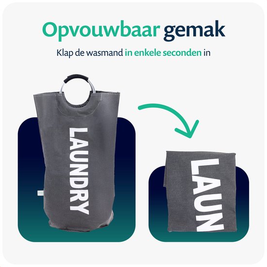 Grijze wasmand met 'LAUNDRY' opdruk, zowel open als opgevouwen.