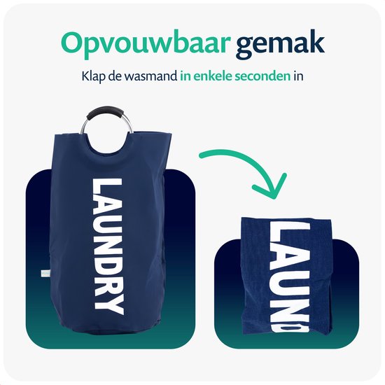 Een donkerblauwe, opgevouwen wasmand met "LAUNDRY" erop, naast de open, staande versie. "Opvouwbaar gemak" staat bovenaan.