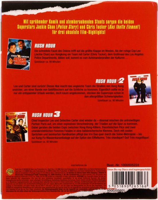 Blu-ray hoes met rode achtergrond. Toont kleine afbeeldingen en beschrijvingen van de films Rush Hour 1, 2 en 3. Een barcode is onderaan zichtbaar.