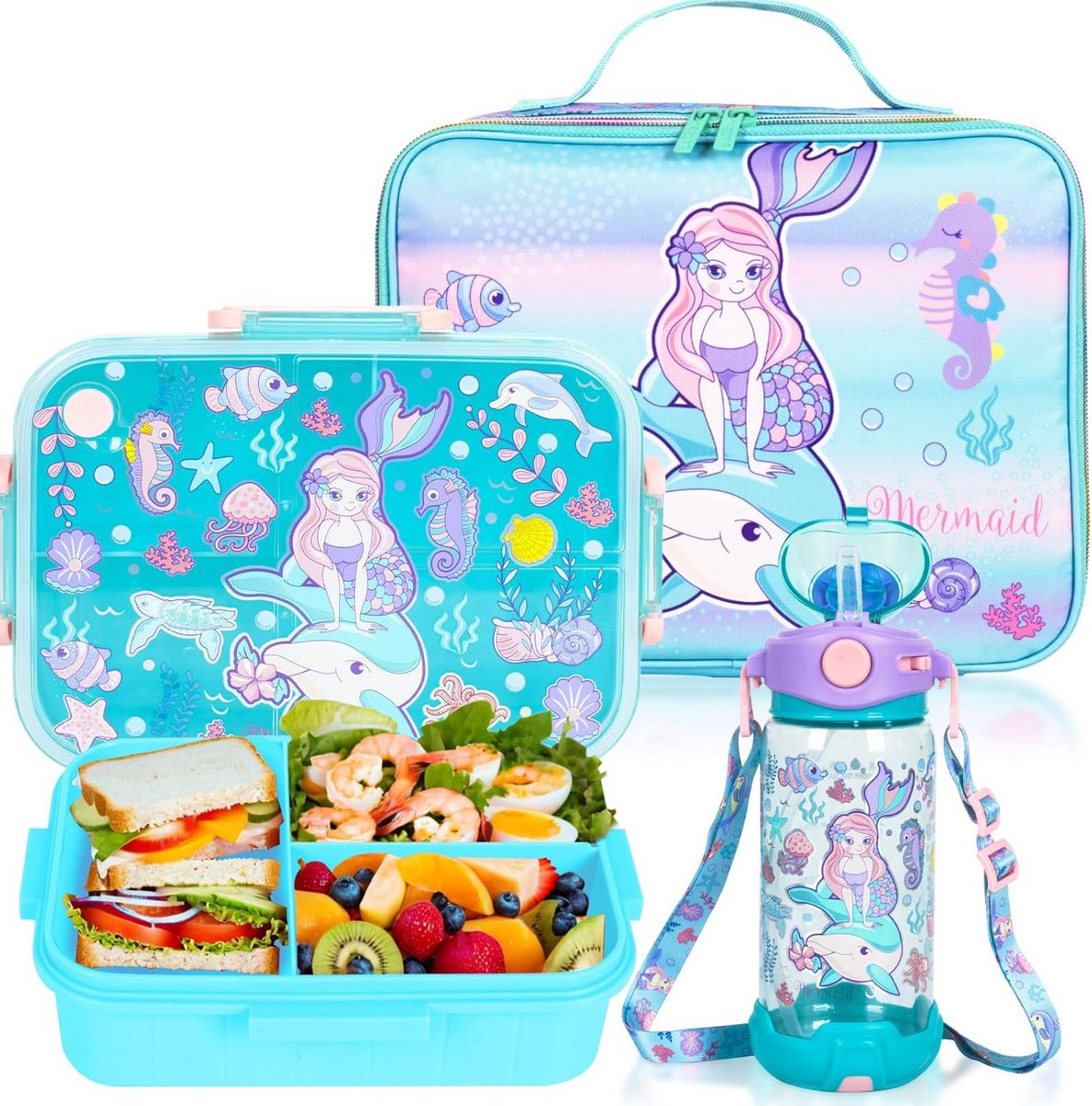 Lekvrije Bento Broodtrommel Set met 3 Vakken en Geïsoleerde Lunchtas voor Kinderen