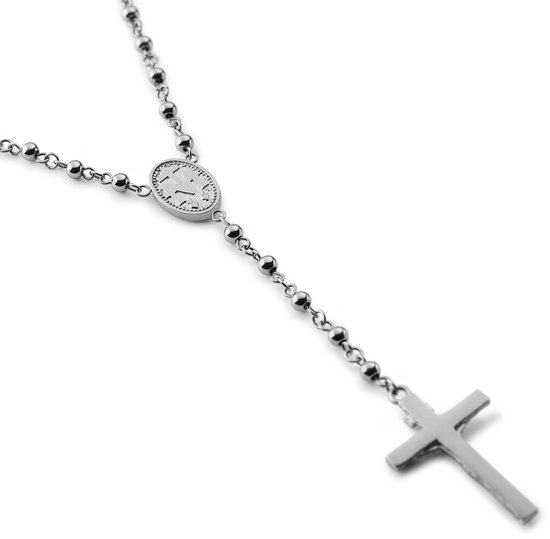 Rozenkrans ketting met zilverkleurige, kleine en grote kralen en een kruisje aan het einde.