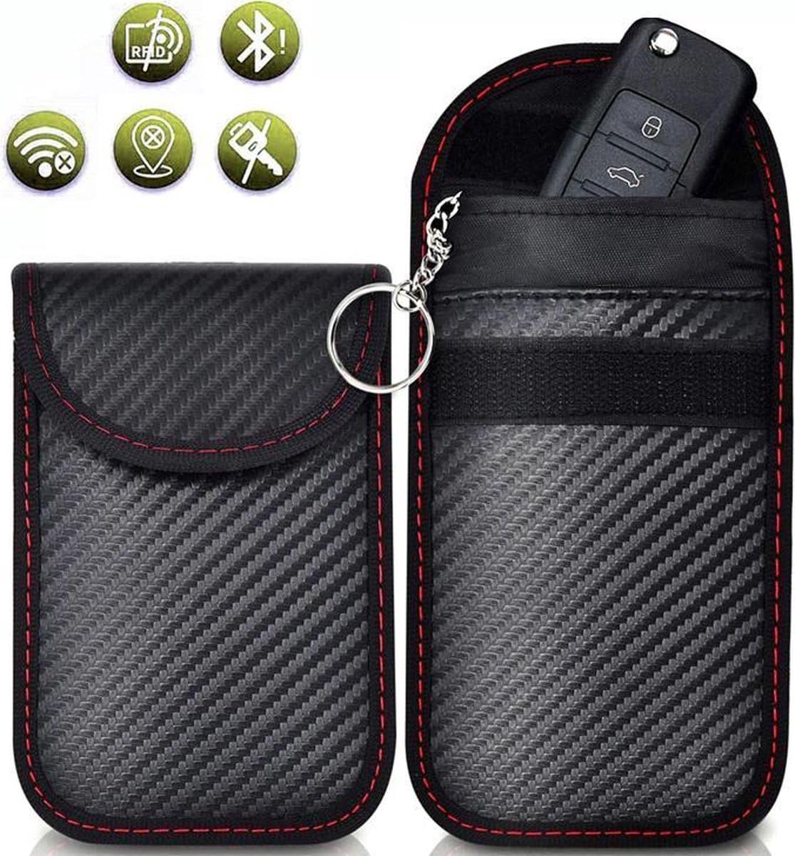 Okado RFID Autosleutel Etui Carbonlook Medium 13 x 9 cm – Keyless Entry Beschermhoes Signaalblokkerend – Sleuteltasje met Flap en 2 Opbergvakken