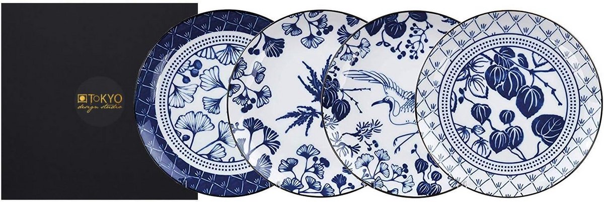 Set van 4 Porseleinen Borden met Japans Bloemmotief Blauw Wit - Ø 16 cm