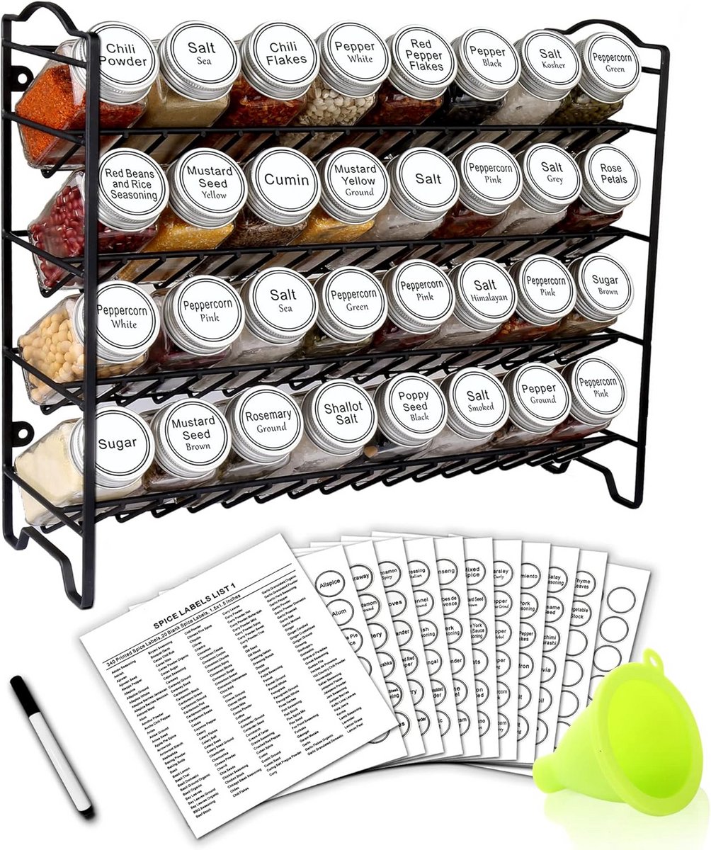 Kruidenrek Organizer Set met 32 Vierkante Glazen Potten, Etiketten en Trechter