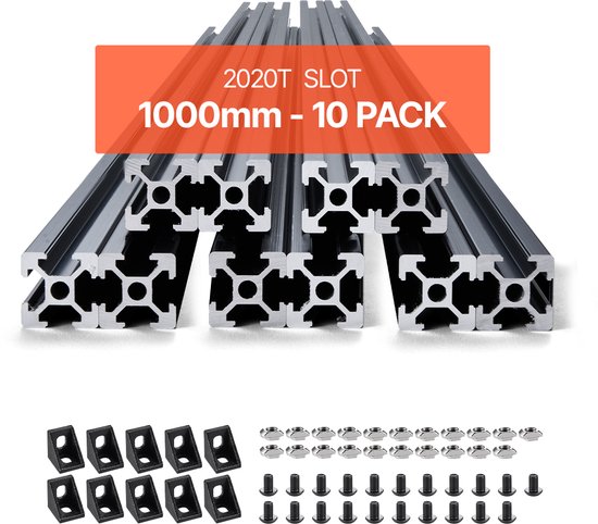 VEVOR 10-Delige Set Aluminium Profielen, 1000 mm T-Sleuf, 2020 Aluminium Extrusieprofiel, Geanodiseerde Lineaire Rail Volgens Europese Norm, Sleufprofiel voor 3d-Printers, CNC-Machines, Doe-Het-Zelf, Lasergraveren, Zwart