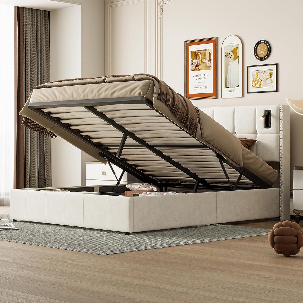 Tweepersoonsbed met Opbergruimte 140x200 cm met Hydraulische Lift en Ingebouwde Leeslampen