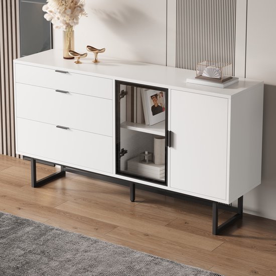 STILVORA Dressoir - Met Led Verlichting En Glazen Deuren - Met 3 Laden Voor Eetkamer En Woonkamer - MDF En Spaanplaat - Wit - 160x36x78 Cm