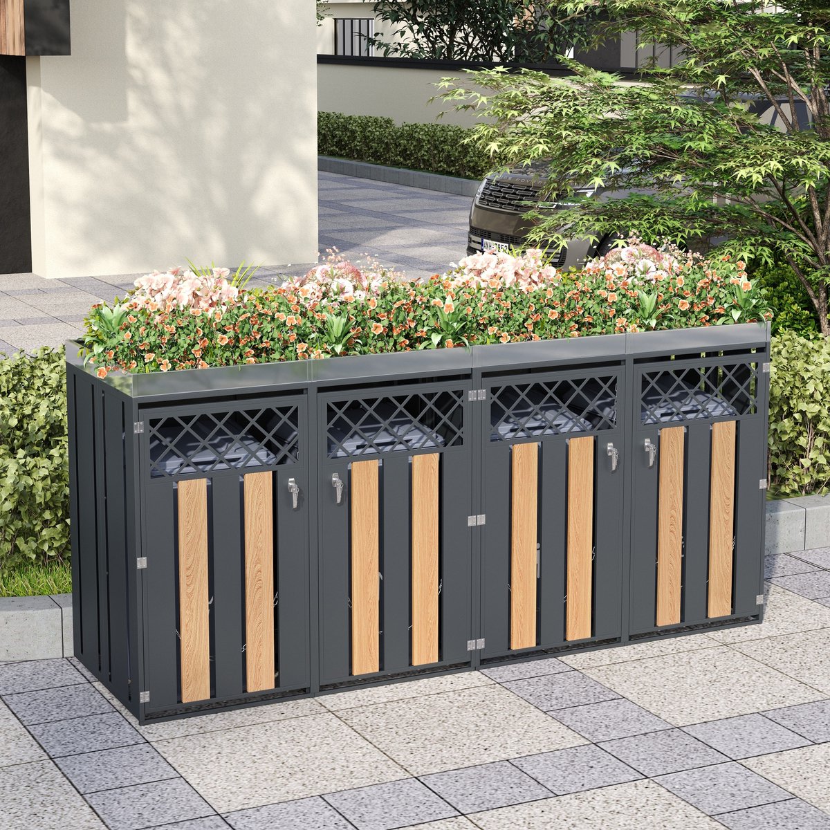 OKWISH Mülltonnenbox - 4 Vakken Met Slot - Met Plantenbak Bovenop - Ventilatierooster Ruitvorm - Staal Grijs Houtlook