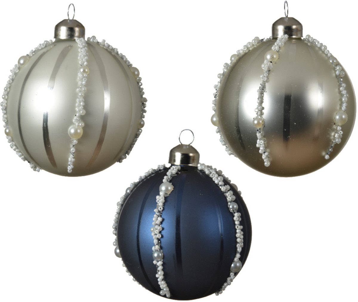 KAEMING B.V. - 3 marineblauwe en zilveren glazen kerstballen met parels 8 cm parelmoereffect
