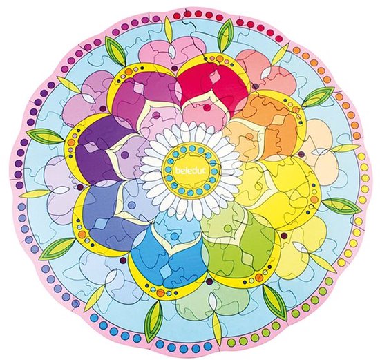 Puzzle rond en bois coloré avec un motif floral et un design de type mandala, composé de 24 pièces.