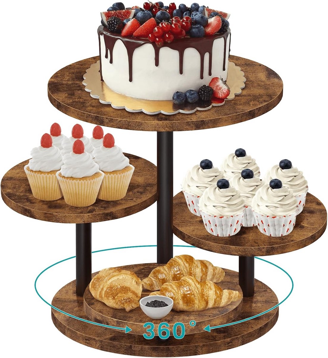 Draaibare Houten Cupcake Torenstandaard met 4 Niveaus voor 50 Stuks