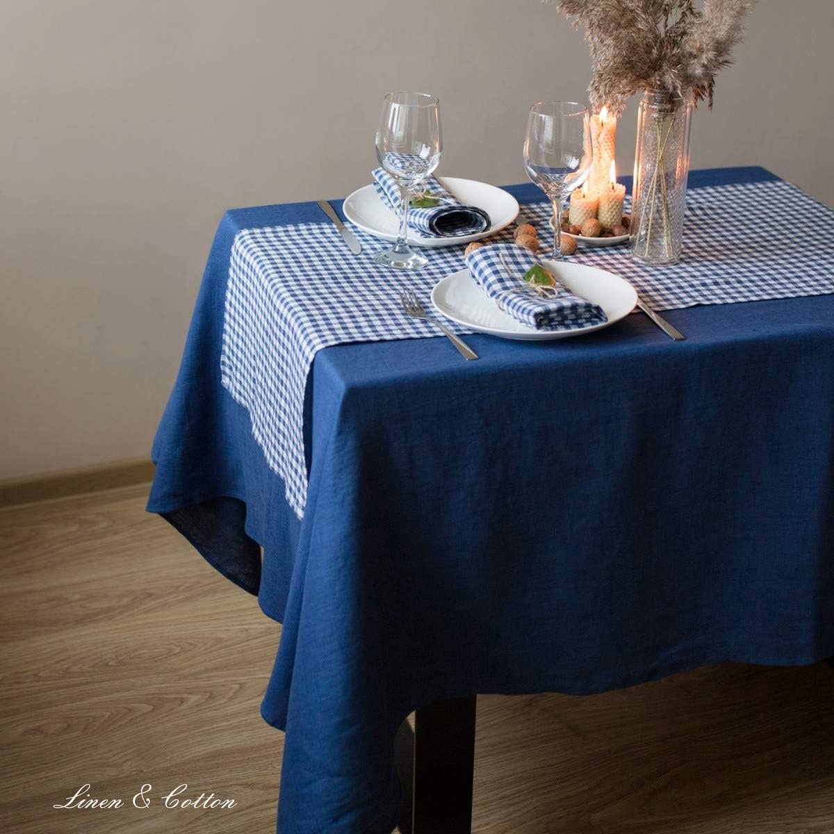 100% Linnen Tafelkleed Donkerblauw Wasbaar voor Keuken en Eettafel 140x350 cm