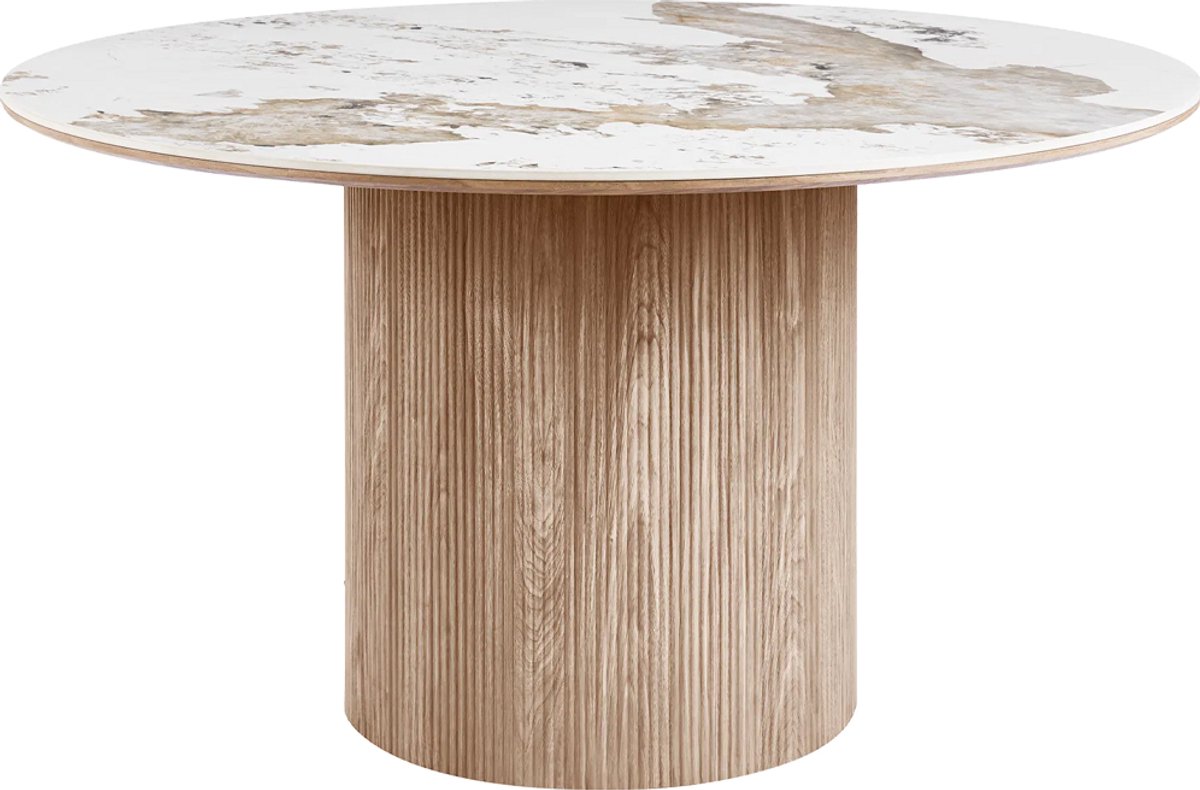 Artichok Ronda Houten Eettafel Met Keramiek Blad - Rond - Bruin - Wit - Gemarmerd - 5 tot 6 personen Ø140 x 75 cm