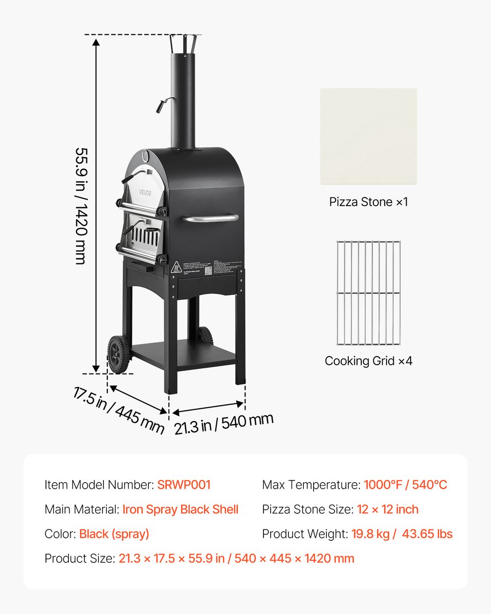VEVOR Pizzaoven 12 Inch Pelletoven, 2-Laags Houtgestookte Pizzaoven, Houtgestookte Buitenoven met 2 Afneembare Wielen, Pizzamaker met Een Maximale Temperatuur van 540 °C voor Grillen – foto 2