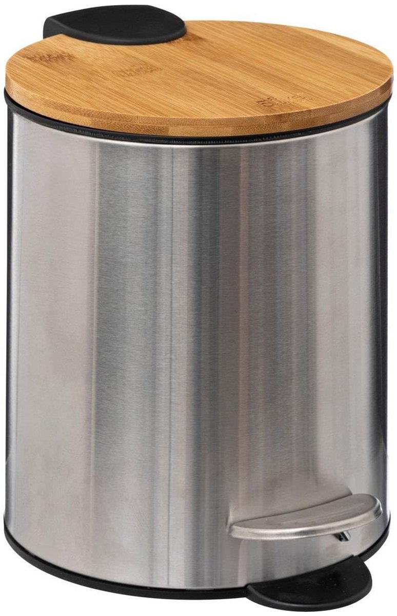 Ronde Rvs Pedaalemmer Badkamer met Bamboe Deksel - 3 Liter
