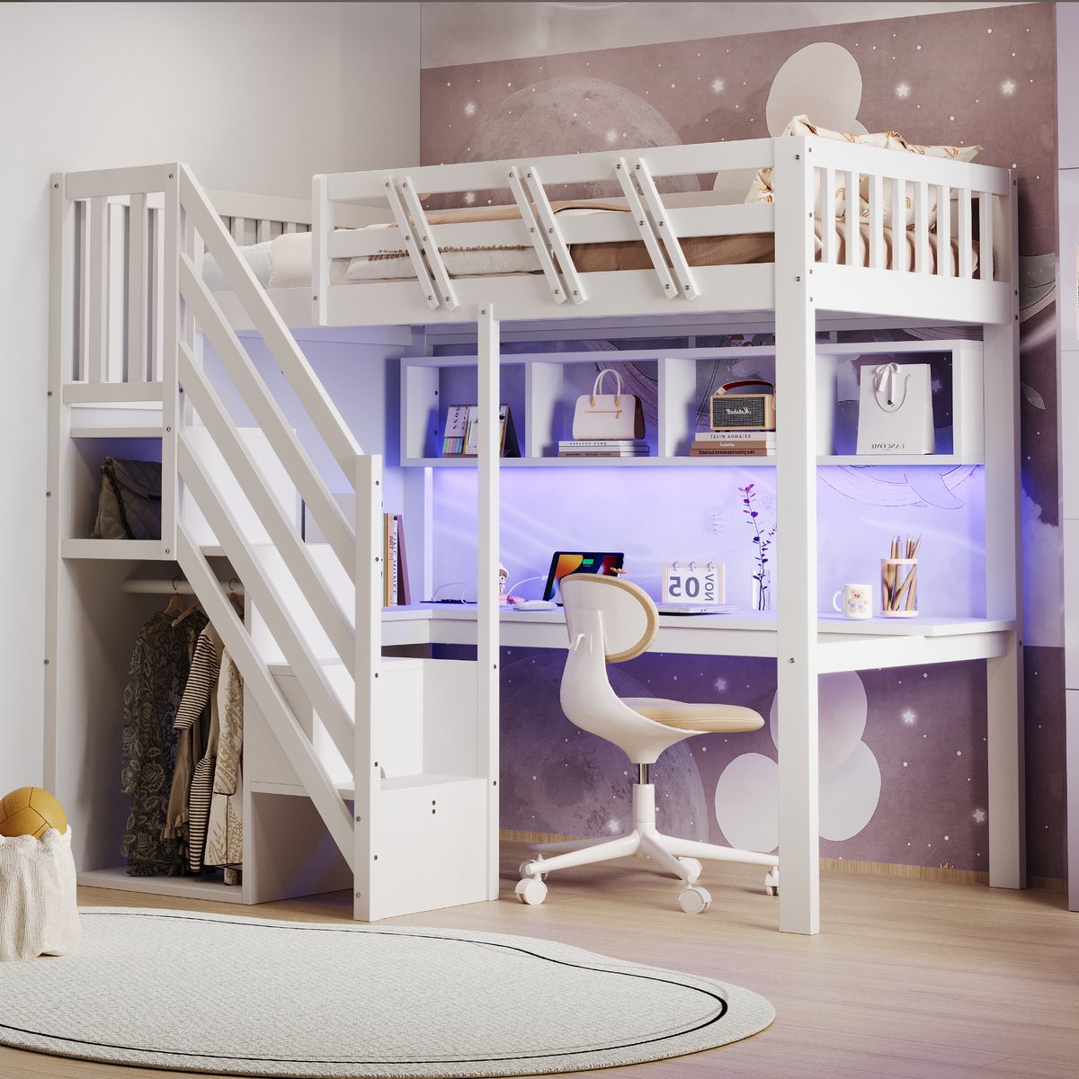 Clruro Hoogslaper - 90x200 cm - Met Opbergtrap, Bureau en LED - USB - Massief Hout - Wit