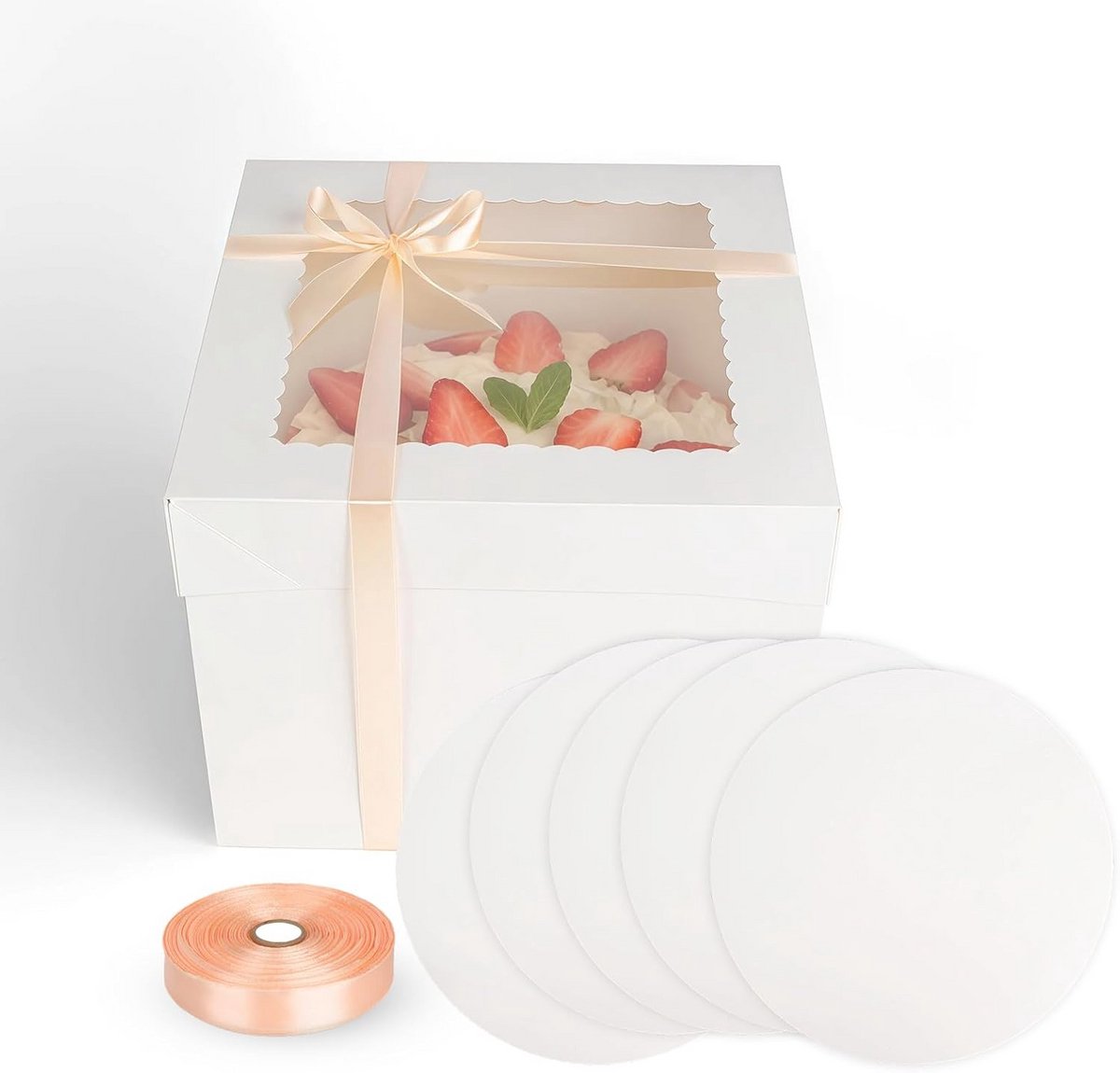 5x Taartdozen Wit met Venster en Lint - Vierkant 25x25 cm - Voor Gebak en Bakkerij