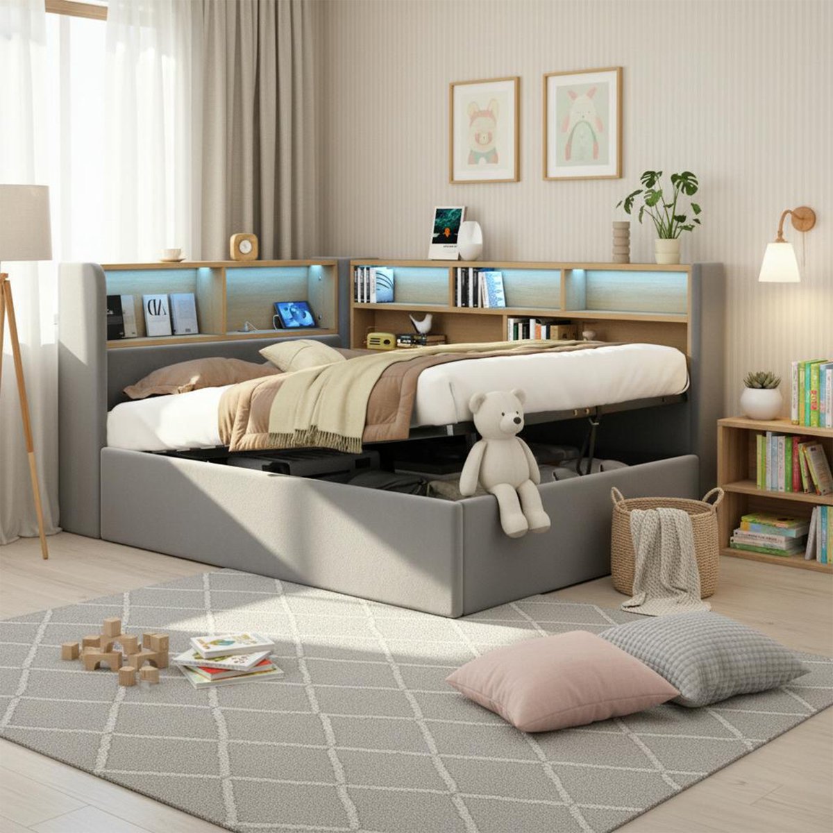 MODFU - Bedframe 90x200 cm – Daybed met hydraulische opslag, LED & USB – Grijs fluweel