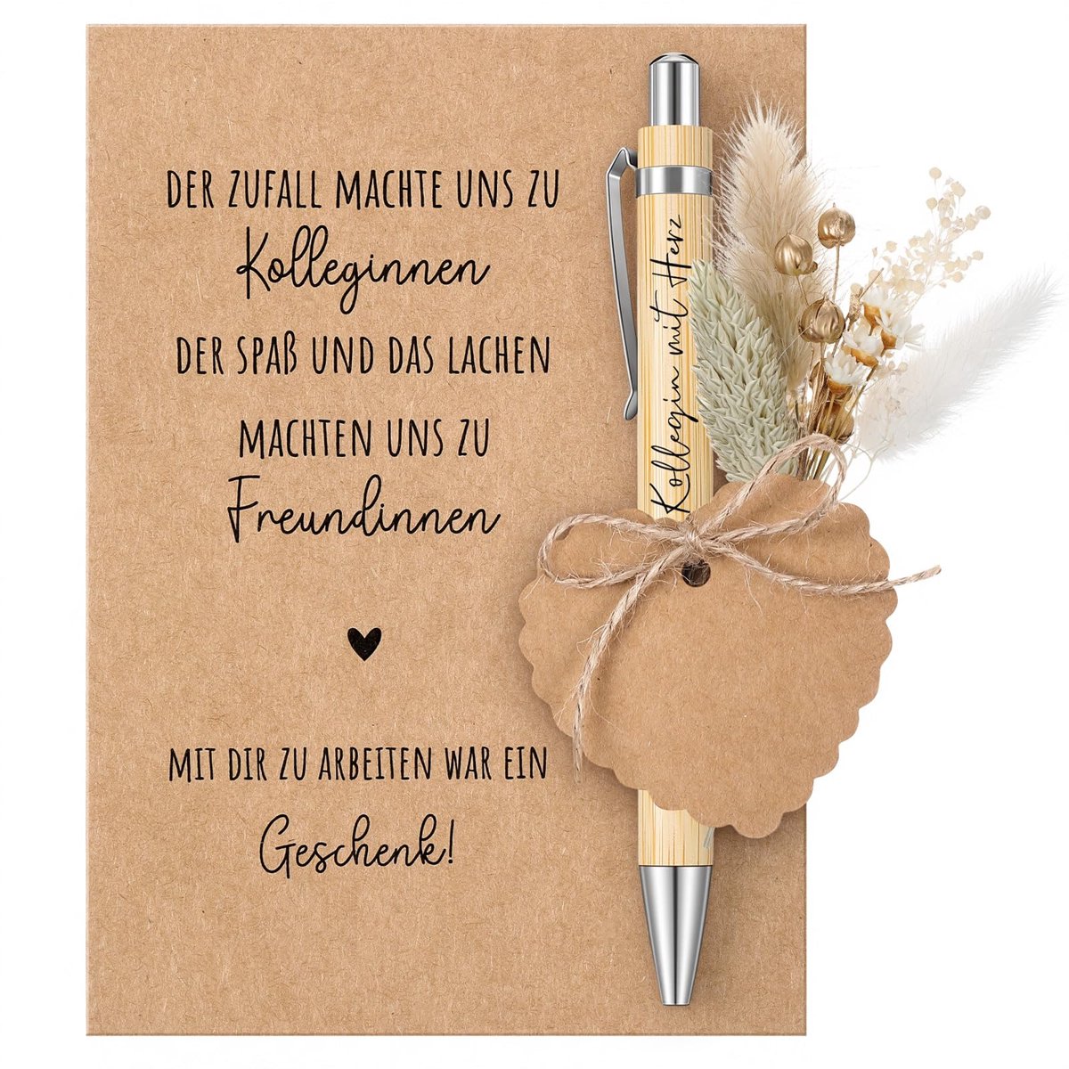 Afscheidscadeau - Bedankt Voor Collega Kaart Met Houten Balpen En Echte Gedroogde Bloemen
