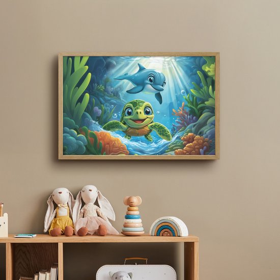 Nachtlampje 60x40 cm - Kinder lamp - Schildpad - Dolfijn - Oceaan - Tafellamp kinderkamer draadloos - Slaapkamer lampje - Bedlamp kinderen - Kinderlampje - Wandlamp babykamer - Nachtlampjes van OnlyWow — afbeelding 3