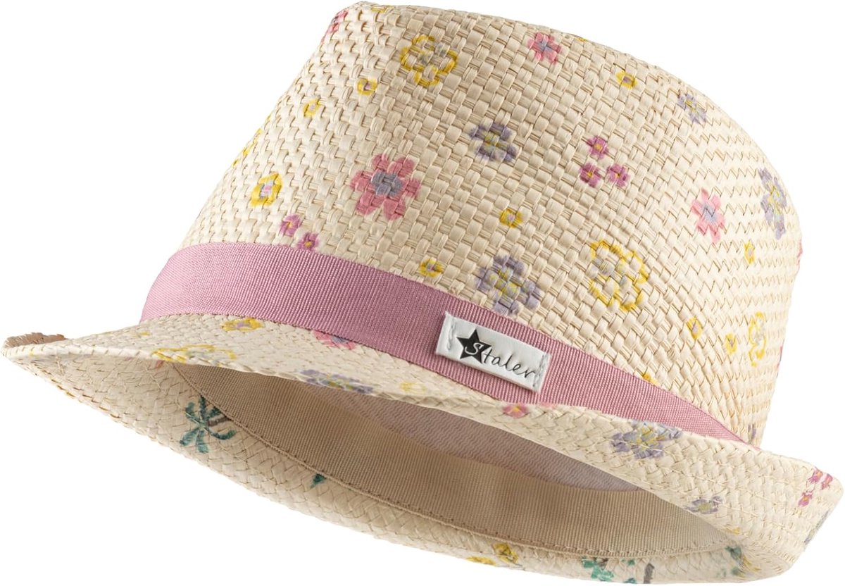 Kinder Strohoed - Zomerhoed Meisjes - Bescherming Zon - Bloemenprint - 29 x 27.3 cm - Zandkleur