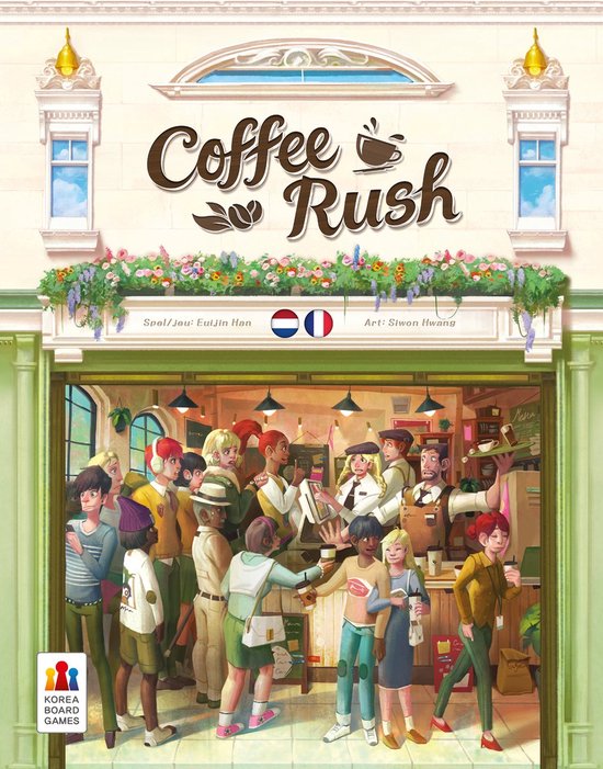 Doos van het bordspel Coffee Rush. Voorgevel van een koffiezaak met veel klanten.