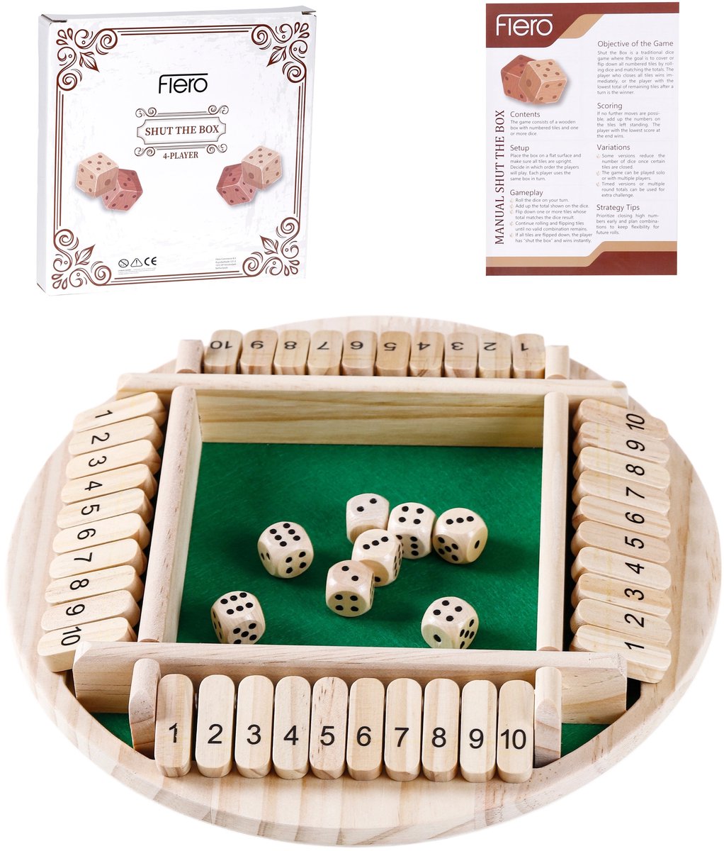 Flero Shut The Box - 4 Spelers - Rond - Dobbelspel - Tactiek- en Rekenspel - Bordspel, Educatief Speelgoed, Leerspel voor Kinderen en Volwassenen (Groen) - Montessori Klepspel, Familiespel, Reisspel, Cadeau voor Jong en Oud