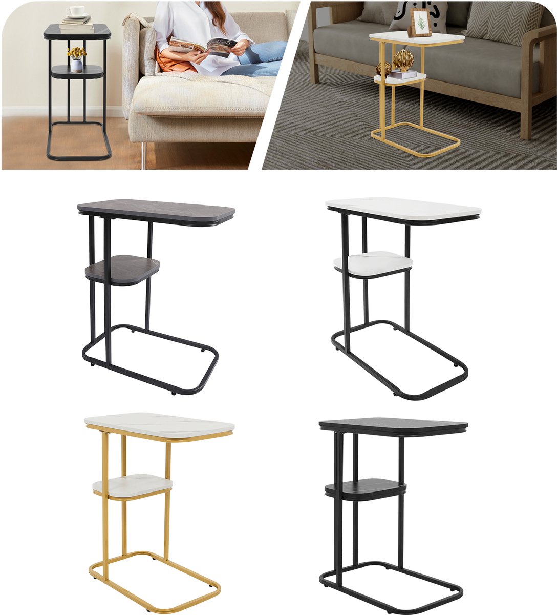 C-vormige Bijzettafel - 2-laags - Salontafel - Zwart/Grijs/Wit - Goud Frame
