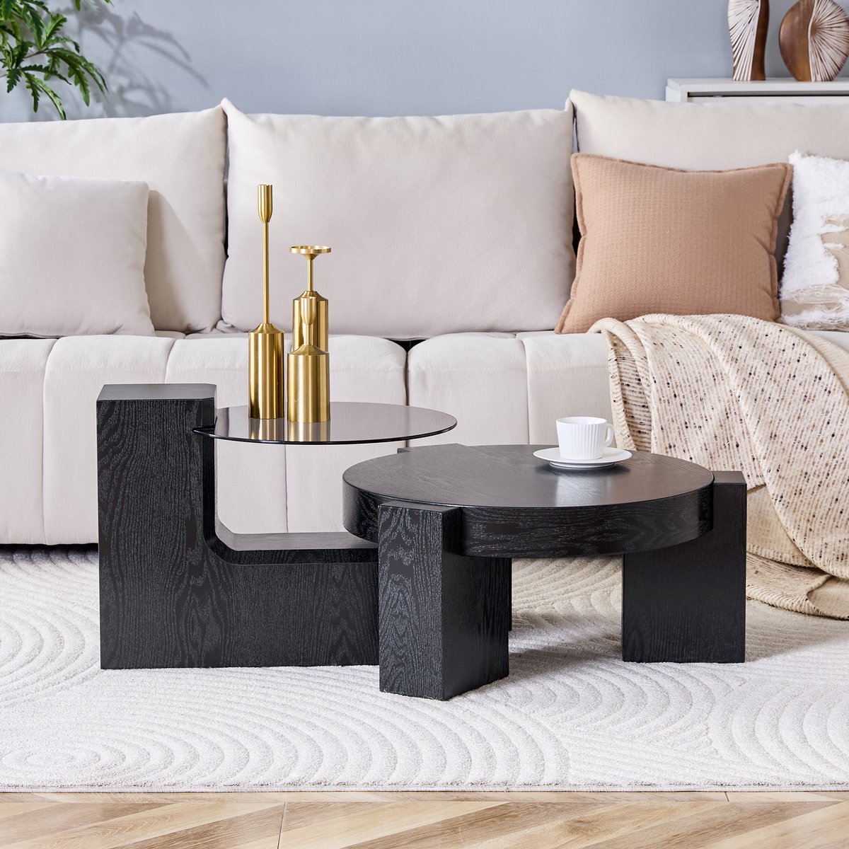 REDOM Salontafelset - Rond Tweelaags Demonteerbaar - Modern - Voor Woonkamer - MDF En Glas - Zwart En Grijs - 61 Cm