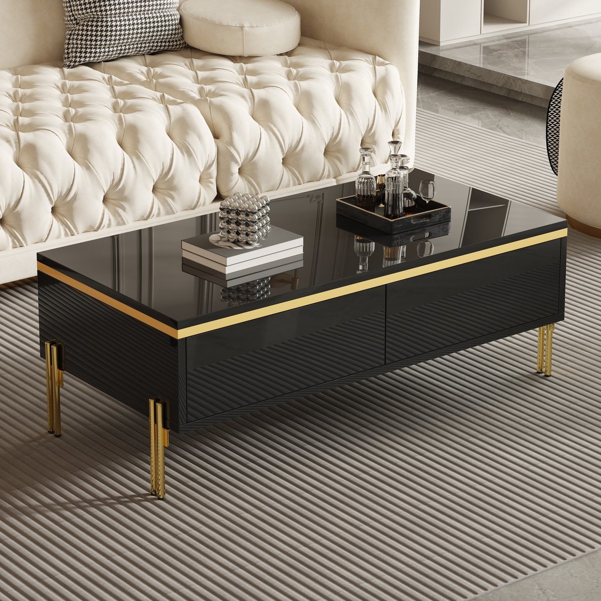 REDOM Salontafel - Hoogglans Met Dubbele Laden - Modern - Voor Woonkamer - Spaanplaat En Metaal - Zwart - 100 X 50 X 36 Cm
