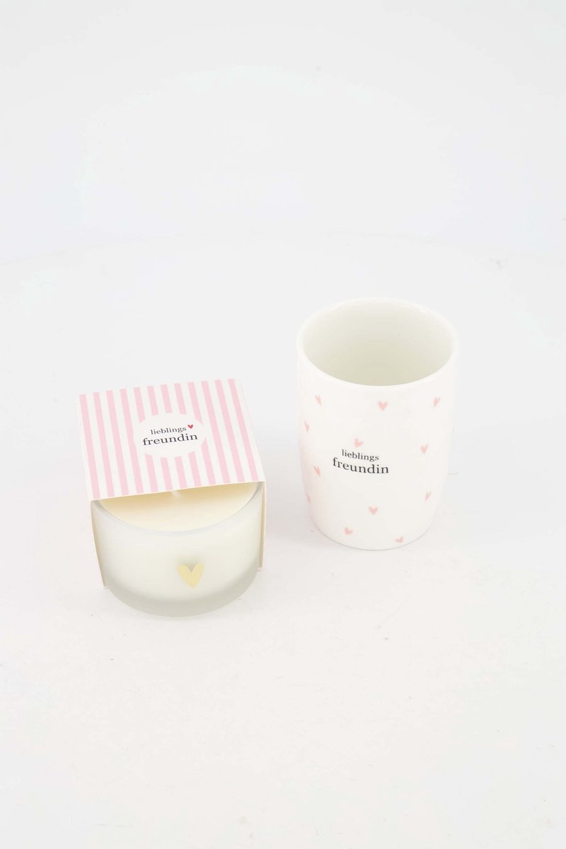 Zusss Cadeauset - Koffiemok En Geurkaars Lieblings Freundin - Verjaardag - Cadeau Keramiek Wit / Roze