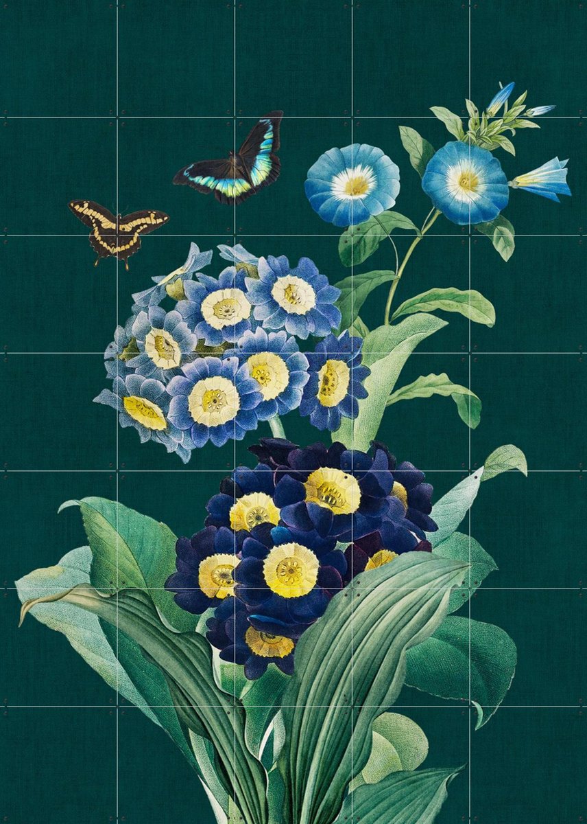 IXXI Teal Florals and Butterflies, Bloomery Decor - 100 x 140 cm - Gratis ophangtool - Grote wanddecoratie en posters