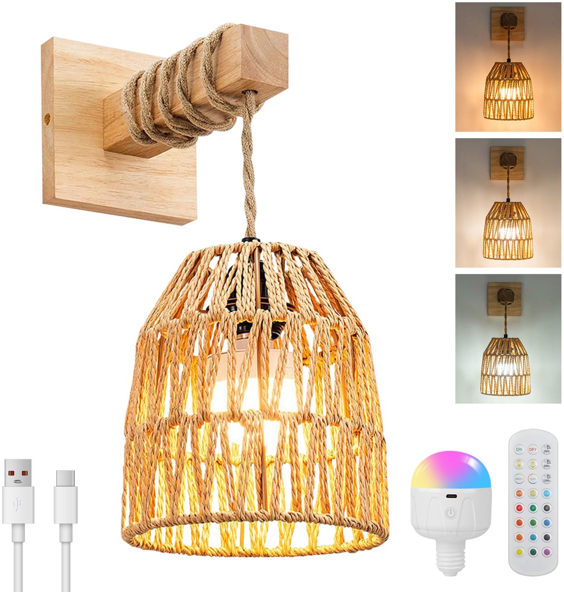 Rosnek Rotan Wandlamp Boho - Draadloos & Oplaadbaar - Handgemaakt Riet - Dimbaar met Afstandsbediening - Sfeervolle Wandverlichting Bruin (Stijlvol & Natuurlijk) - 1 Stuk