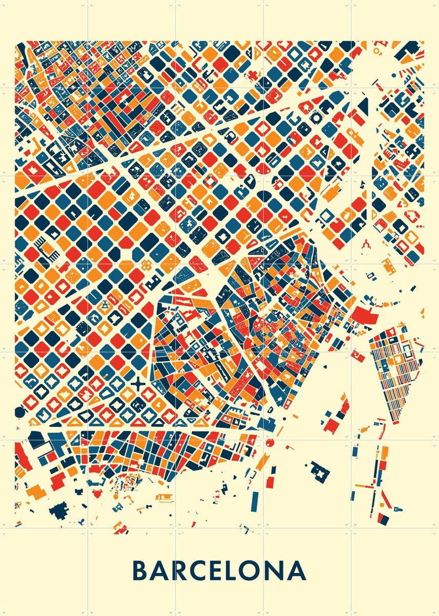 IXXI Barcelona Mosaic City Map, Kunst in Kaart - 100 x 140 cm - Gratis ophangtool - Grote wanddecoratie en posters - Geometrische Kunst, Illustraties