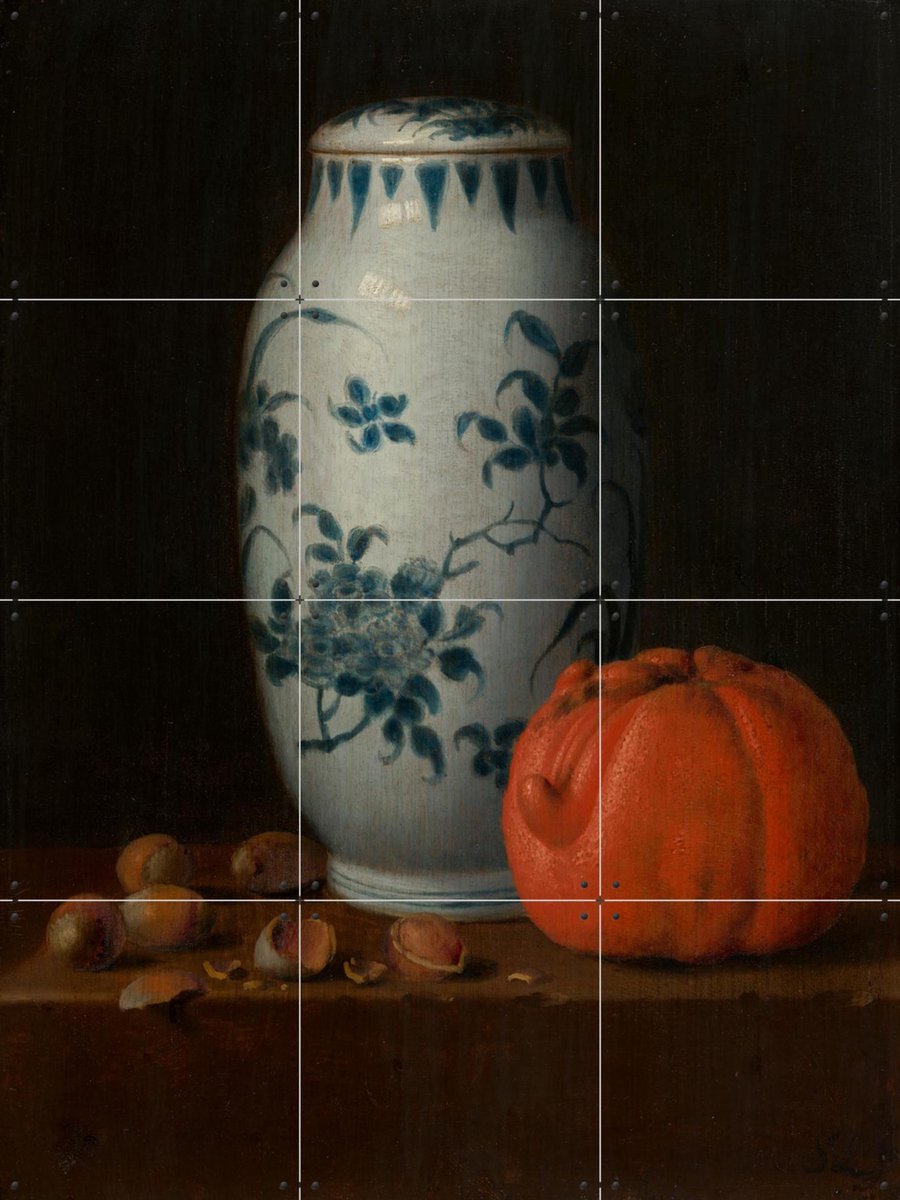 IXXI Stilleven met Chinese dekselpot, hazelnoten en sinaasappel, Simon Luttichuys & Mauritshuis - 60 x 80 cm - Gratis ophangtool - Grote wanddecoratie