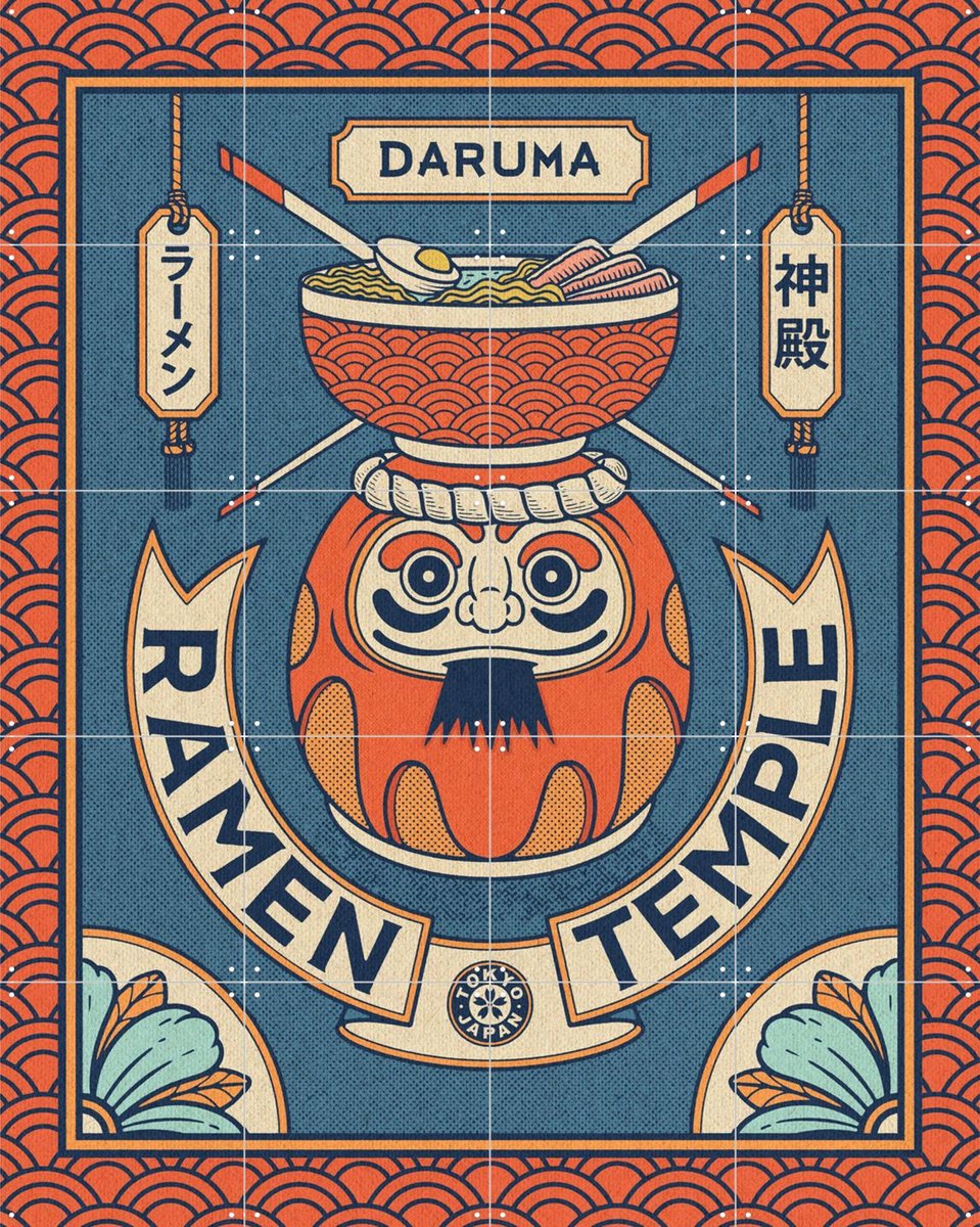 IXXI Ramen Temple Daruma, Ryan Ragnini - 80 x 100 cm - Gratis ophangtool - Grote wanddecoratie en posters - Kleurrijk, Illustraties, Grafisch Ontwerp