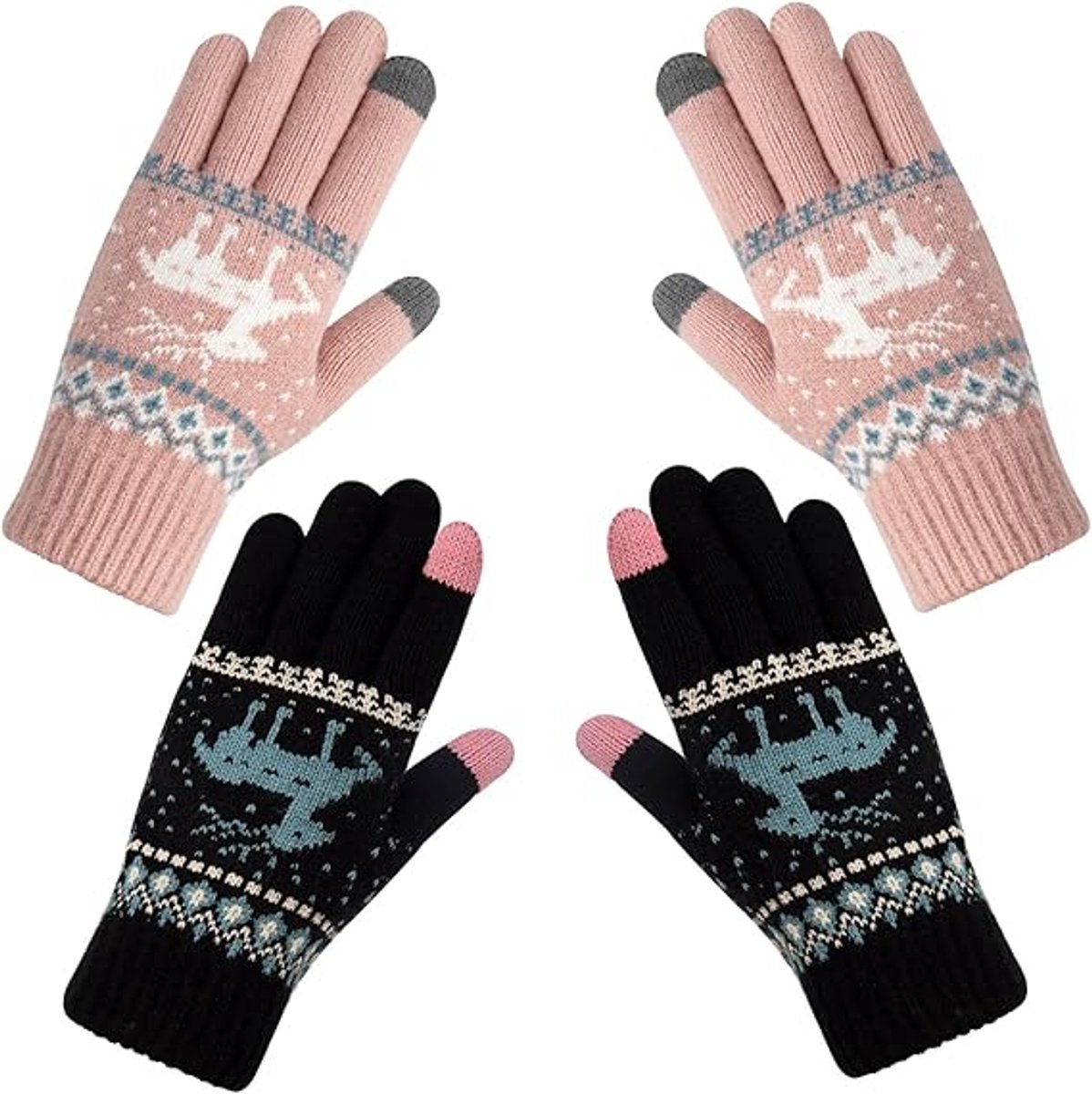 Set van 2 gebreide dameshandschoenen, warm en winddicht, zacht gebreid met een schattig patroon, geschikt voor dagelijks gebruik en alle omgevingen, zwart + roze