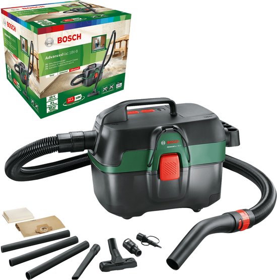 Bosch accustofzuiger met accessoires en verpakking, op witte achtergrond.
