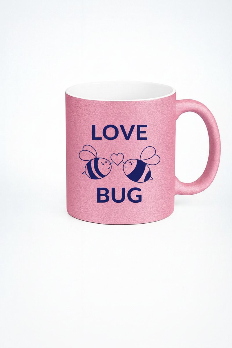 Roze Glitter Love Bug Mok met Lieve Bijen Design - Valentijn Cadeau