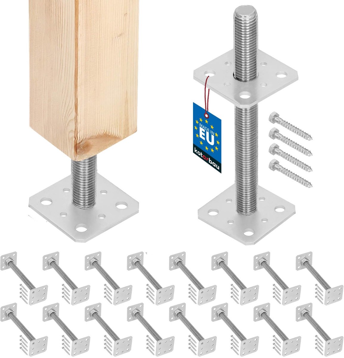 KOTARBAU® 16 stuks Paalhouder, Paalvoet, Verzinkt Staal, 80 x 80 x 250 mm, M24, Zilver, Paalsteun, Regelbare Paalhouder, voor Beton, Verstelbare Paalvoet, Gegalvaniseerde Paaldrager