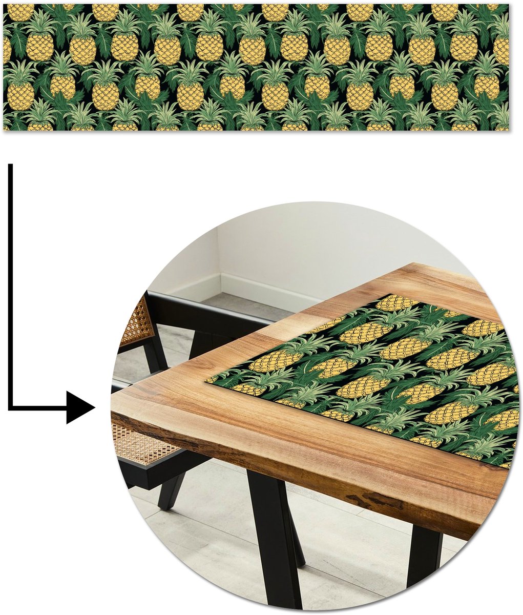 Tafelloper 200x50 cm - Tafelmat vinyl Patroon - Tropisch - Ananas - Illustratie - Tafeldecoratie - Tafelversiering - Keuken decoratie - Tafel versiering