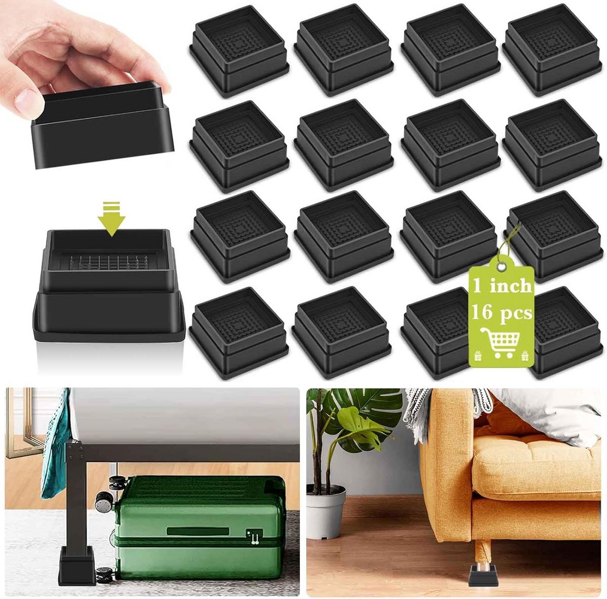 Verstelbare Meubelverhogers Set - Vierkante Poten Risers voor Bed, Bank en Tafel - Zwart
